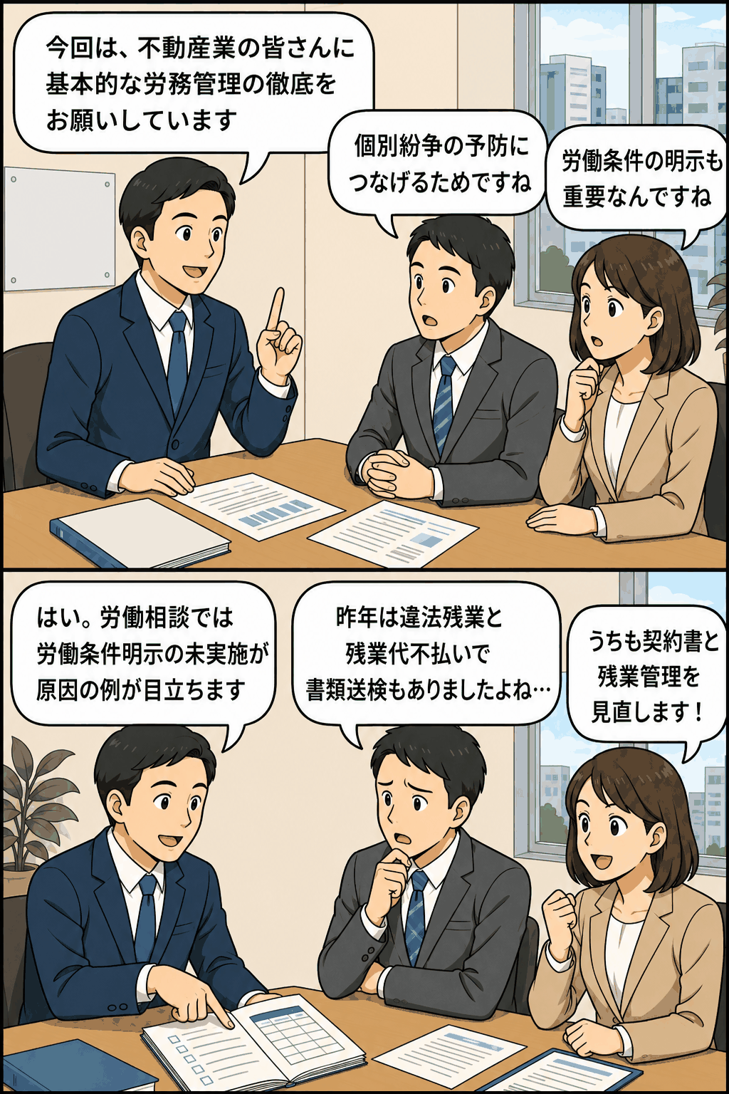 品川労働基準監督署が不動産業の事業者に対し、労務管理の徹底や労働条件明示、違法残業・残業代不払い防止について説明している漫画