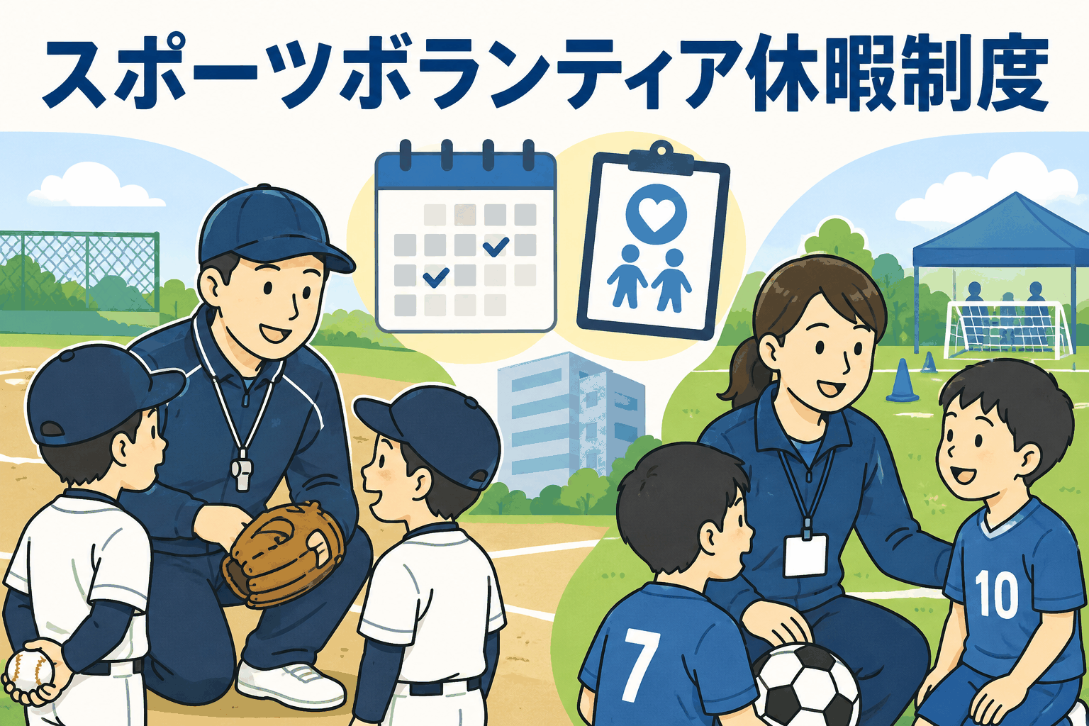 スポーツボランティア休暇制度を活用し、少年野球や少年サッカーの指導を行う企業社員のイラスト