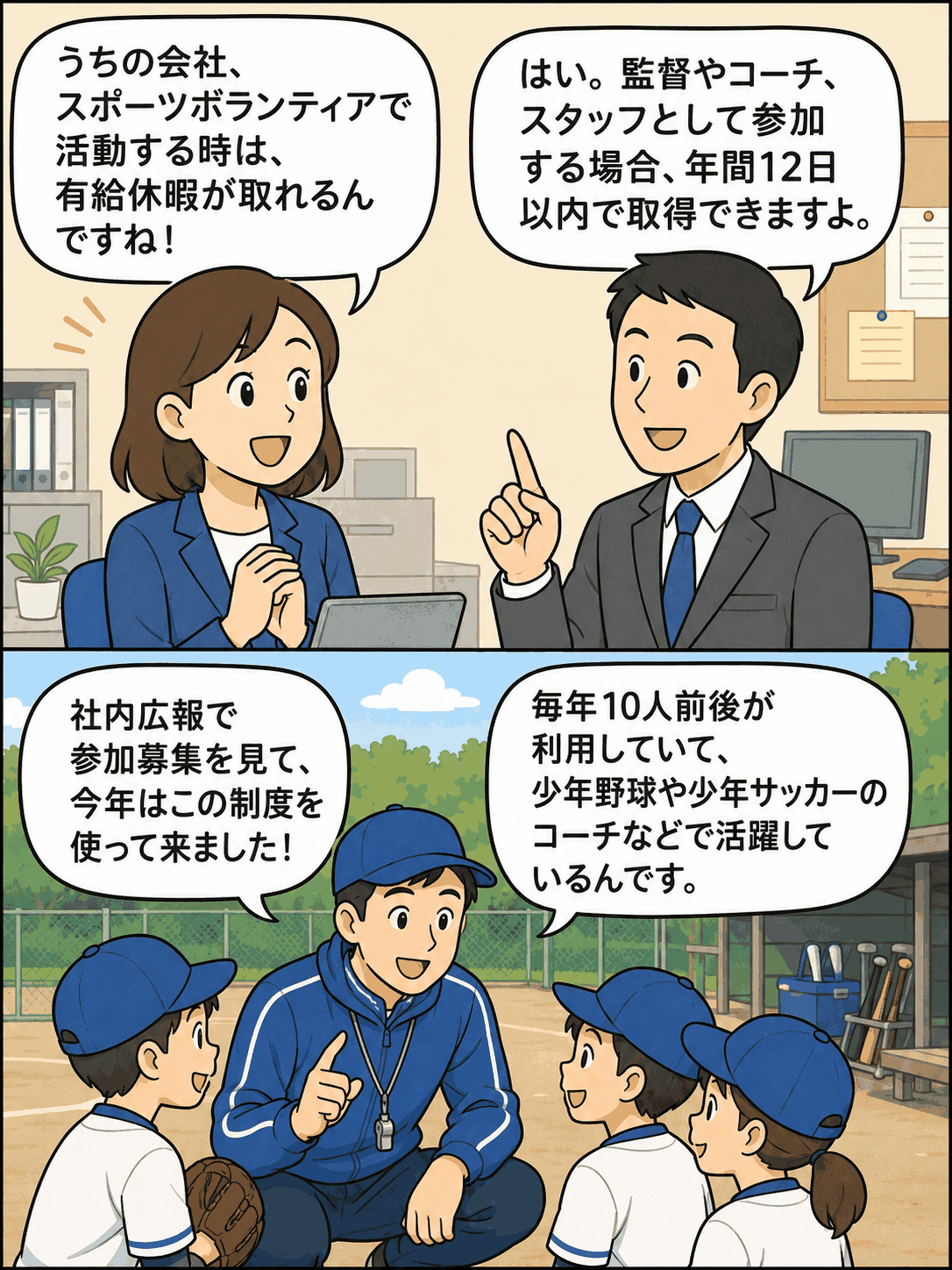 スポーツボランティア休暇制度について、社員同士の説明と少年野球チームでのコーチ活動を描いた漫画イラスト
