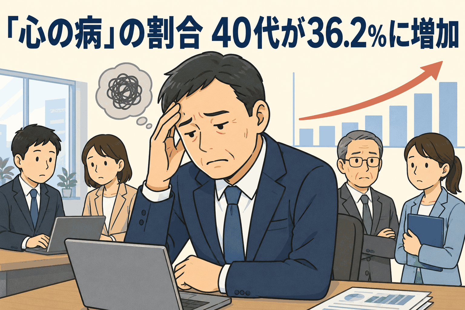 職場のメンタルヘルス調査で、40代の「心の病」の割合が36.2％に増加したことを示すビジネスパーソンのイラスト