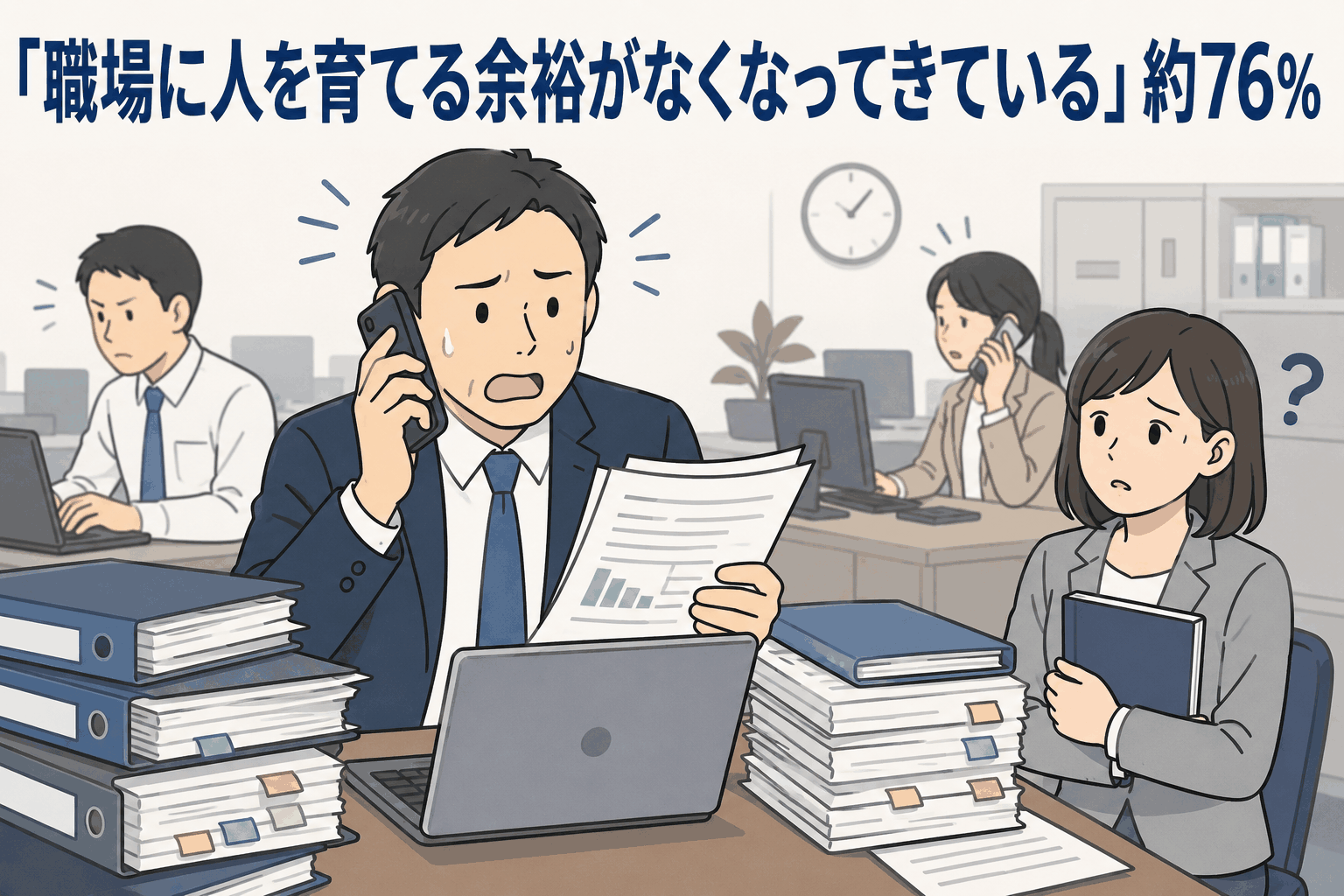 職場に人を育てる余裕がなくなってきていると感じる企業が約76％にのぼることを示す、忙しいオフィスで不安そうに働く社員のイラスト