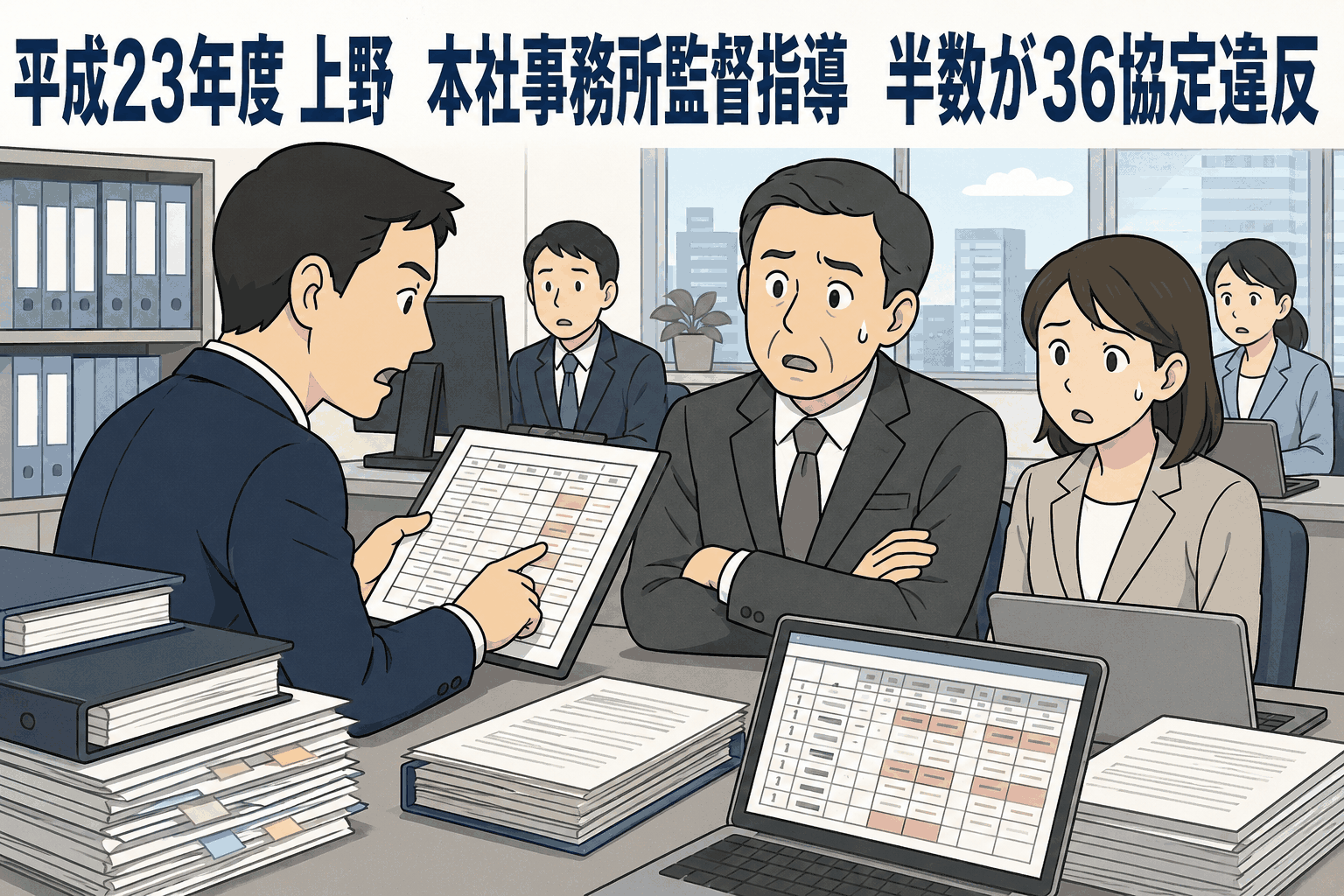 平成23年度に上野労基署が本社事務所を監督指導し、36協定違反や割増賃金未払いが発覚した様子