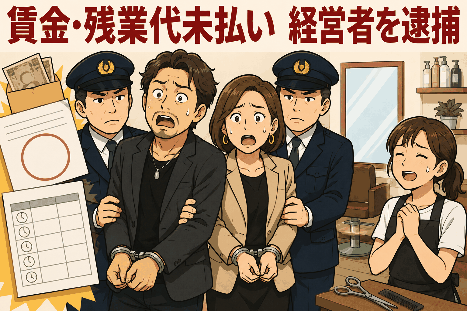 賃金未払いと残業代未払いの疑いで美容業の経営者2人が逮捕されるイラスト