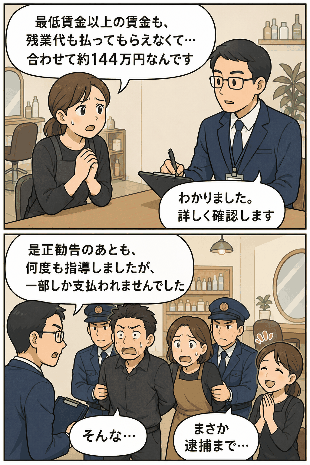 美容業の労働者が賃金・残業代未払いを相談し、是正勧告後も一部未払いのため経営者が逮捕される漫画