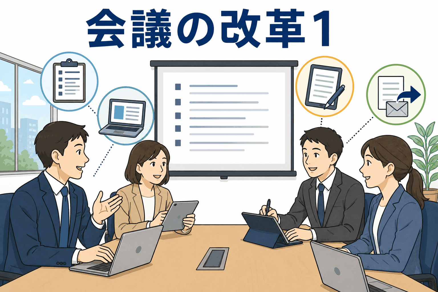 会議の効率化をテーマに、アジェンダ事前配布や議事録共有などの改革に取り組むビジネスチームのイラスト