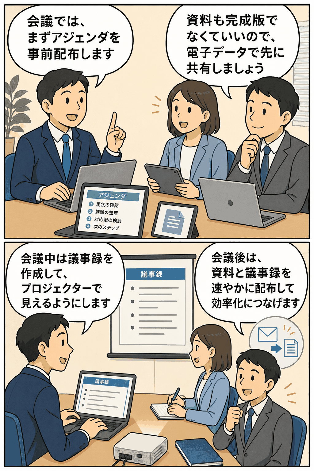 会議効率化の4原則として、アジェンダ事前配布、電子資料共有、議事録の作成と公開、会議後の資料配布を説明するビジネス漫画