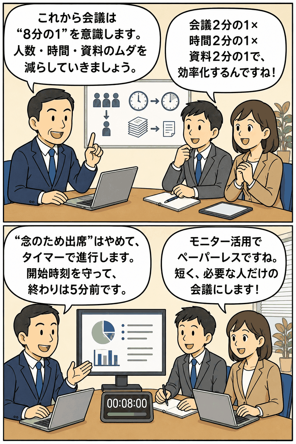 会議を8分の1に効率化するため、人数・時間・資料の無駄削減、タイマー進行、モニター活用によるペーパーレス化を説明するビジネス漫画