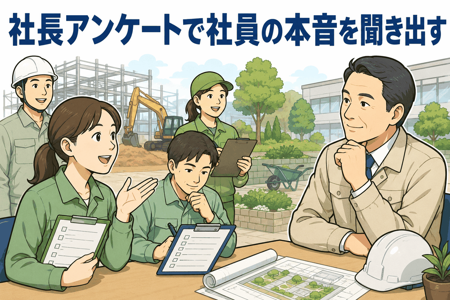 建設・緑化事業の社員が社長アンケートを通じて本音を伝え、社長が個別面談で声を聞く様子