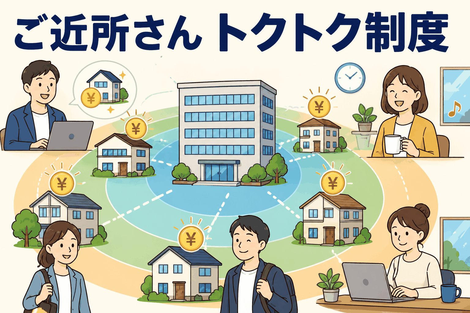 ご近所さんトクトク制度を説明するイラスト。会社から自宅までの距離に応じて住宅手当が支給され、近隣に住む社員を支援する福利厚生制度を表現。