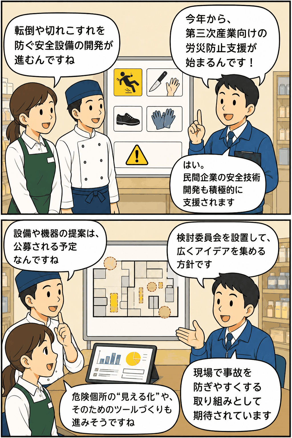 第三次産業向けの労災防止支援として、転倒や切れこすれを防ぐ安全設備の開発、技術支援、危険個所の見える化を説明する漫画