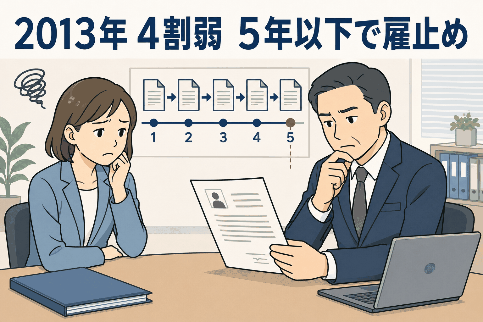 2013年の有期雇用法制強化により、5年以下で雇止めを検討する企業割合を示したイラスト