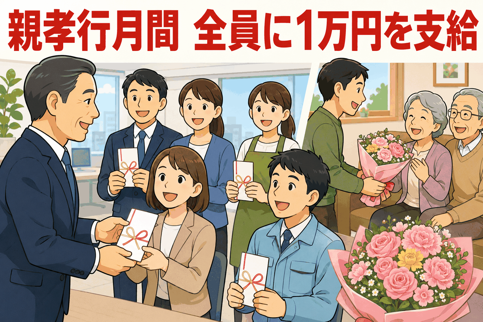 親孝行月間に社員全員へ1万円の寸志を支給し、家族への感謝を形にする会社制度のイメージ
