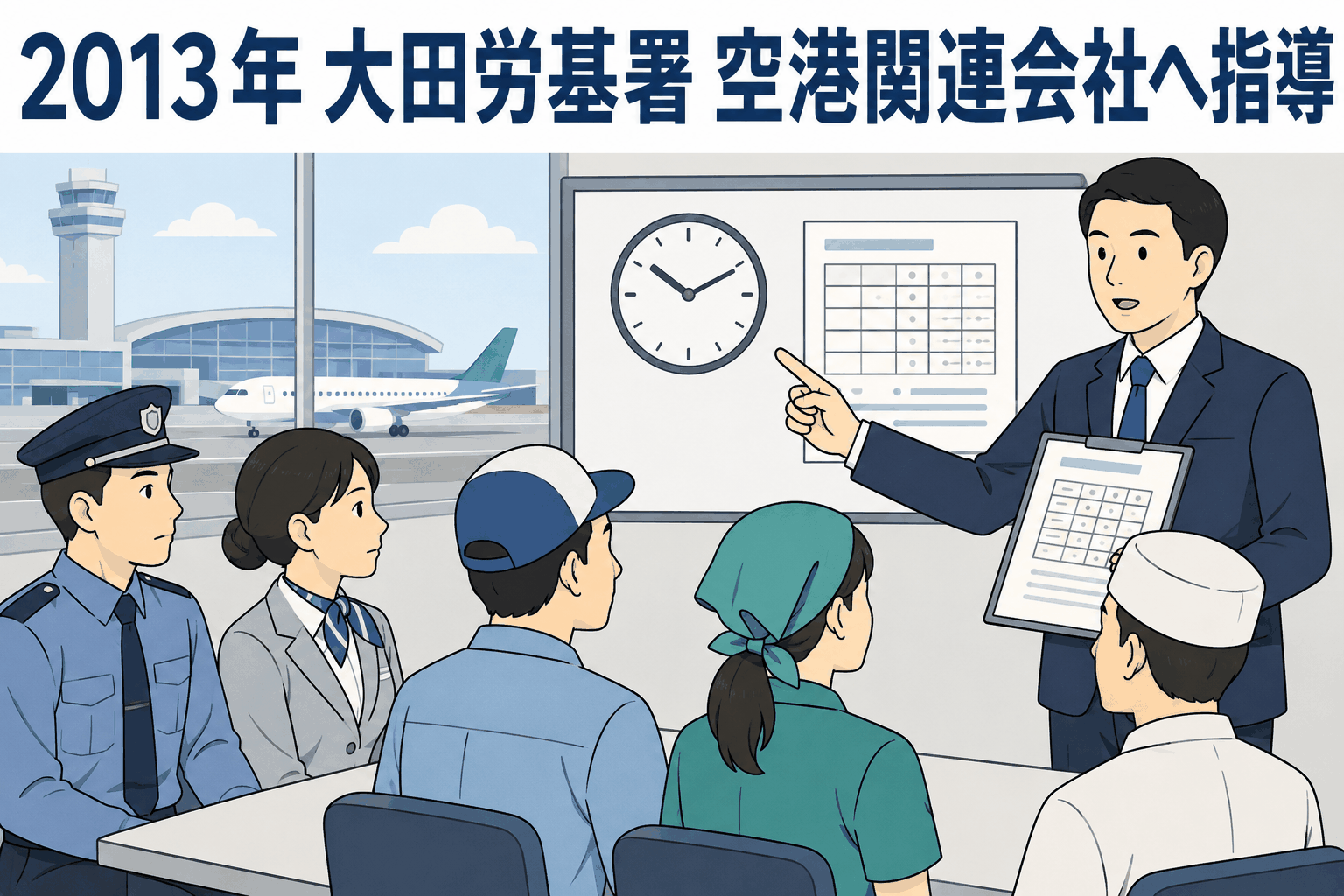 2013年に大田労基署が羽田空港関連会社へ労働時間管理や賃金不払い残業の是正を集団指導する様子