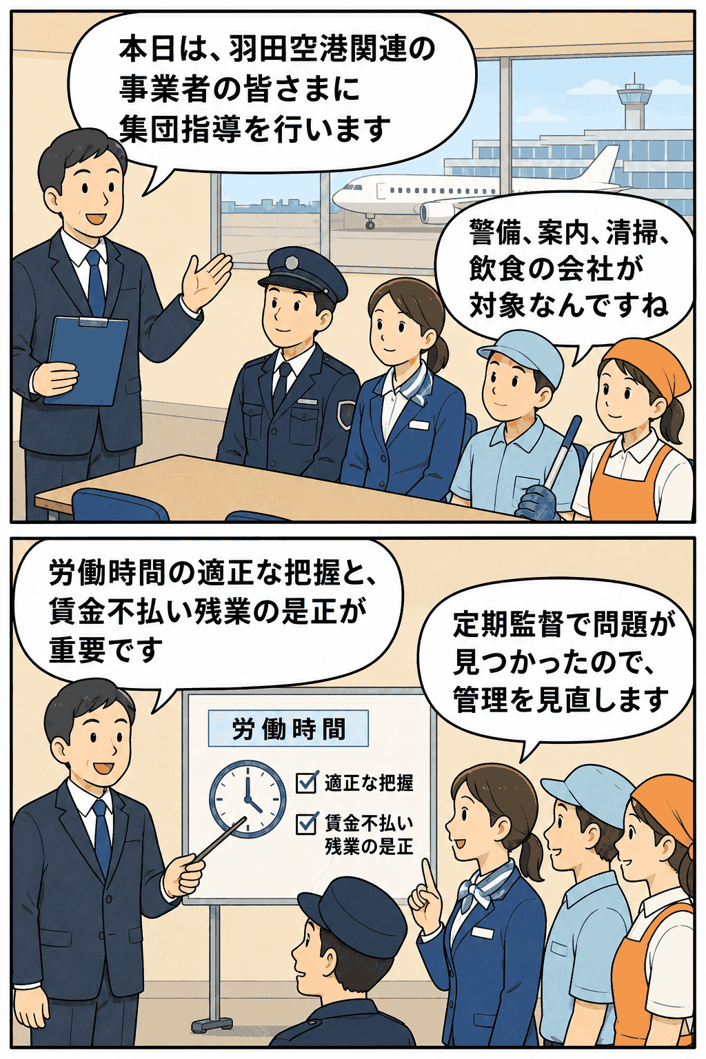 大田労基署が羽田空港関連の警備・案内・清掃・飲食事業者に労働時間の適正把握と賃金不払い残業の是正を集団指導する漫画