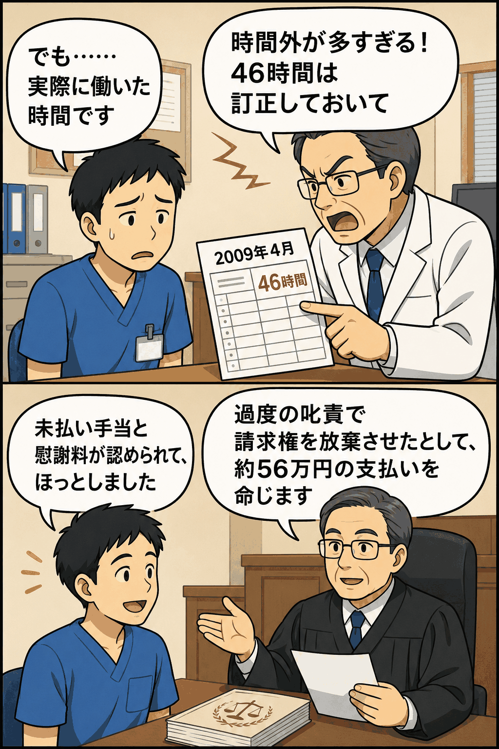 病院勤務の男性が、時間外勤務46時間の訂正を上司から迫られた後、東京高裁で未払い手当と慰謝料が認められたパワハラ判決を解説する漫画風イラスト。
