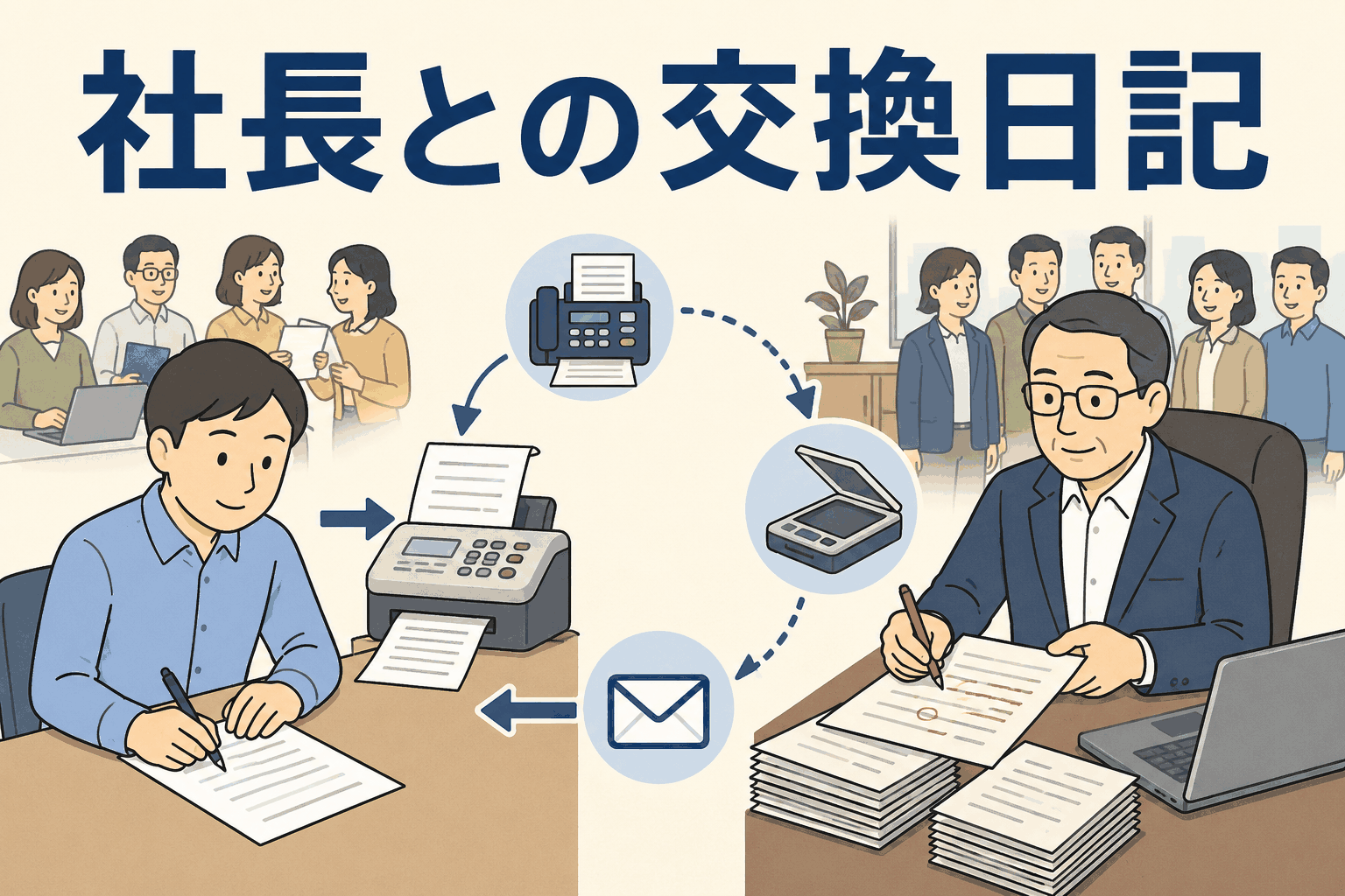 社長と約100人の正社員が毎週A4用紙の交換日記をファクスで送り、社長が赤ペンでコメントしてメール返信する社内コミュニケーションのイメージ