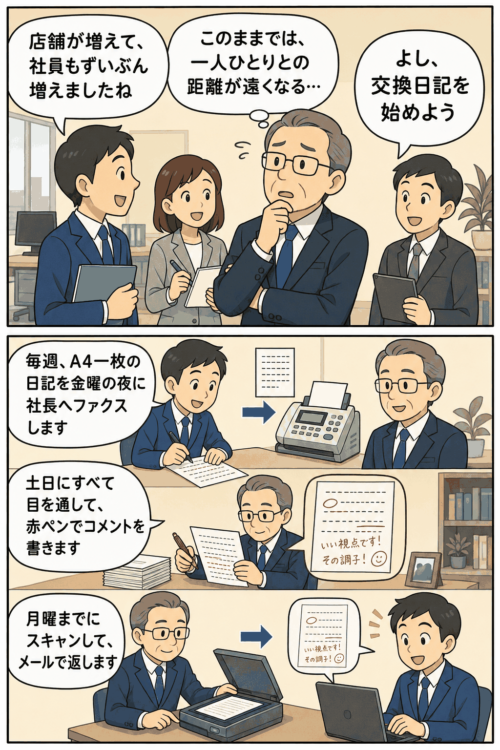 店舗拡大で社員数が増えた会社の社長が、正社員約100人と毎週A4用紙の交換日記を行い、ファクス・赤ペンコメント・スキャン・メール返信で社員との距離を縮める漫画