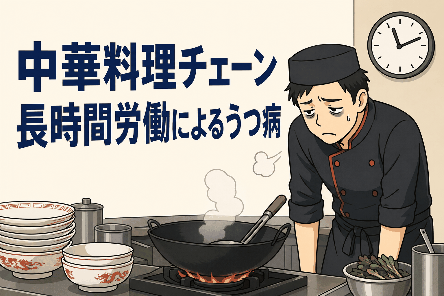 中華料理チェーンの男性社員が長時間労働で疲弊し、うつ病により休職した問題を表すイラスト