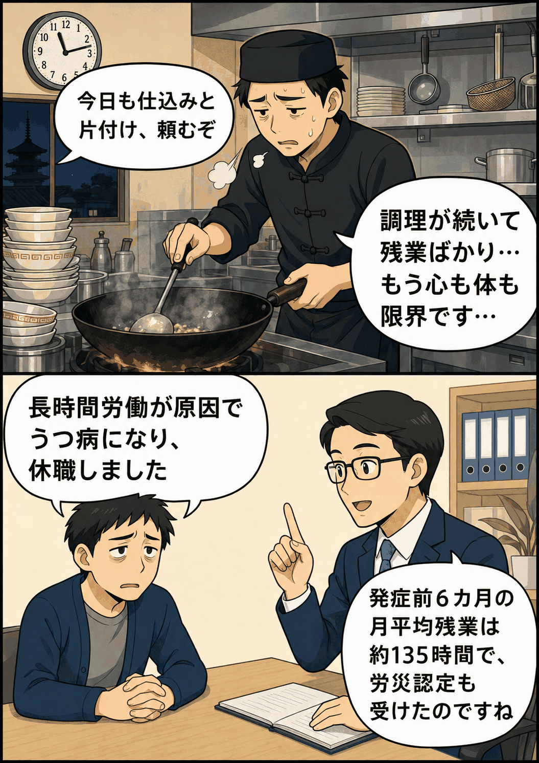 中華料理チェーンの男性社員が長時間労働でうつ病を発症し、休職と労災認定について相談している漫画イラスト