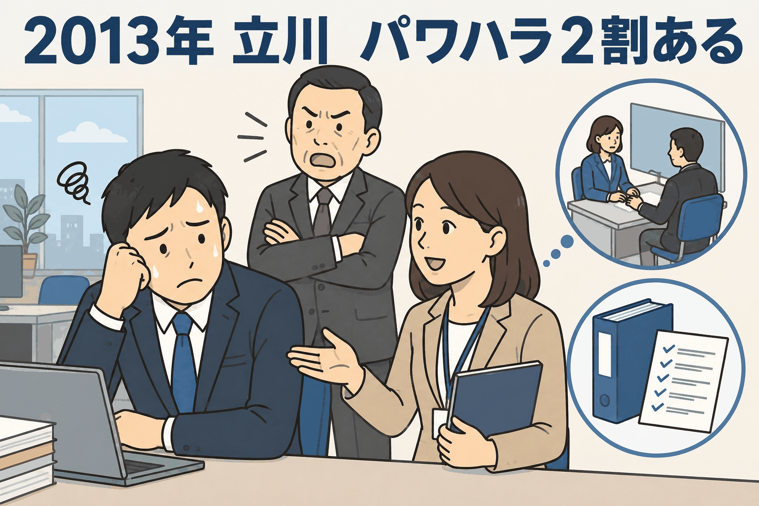 2013年の立川労基署調査で、職場のパワハラ経験が2割あることや相談窓口・就業規則などの対策状況を示すイラスト