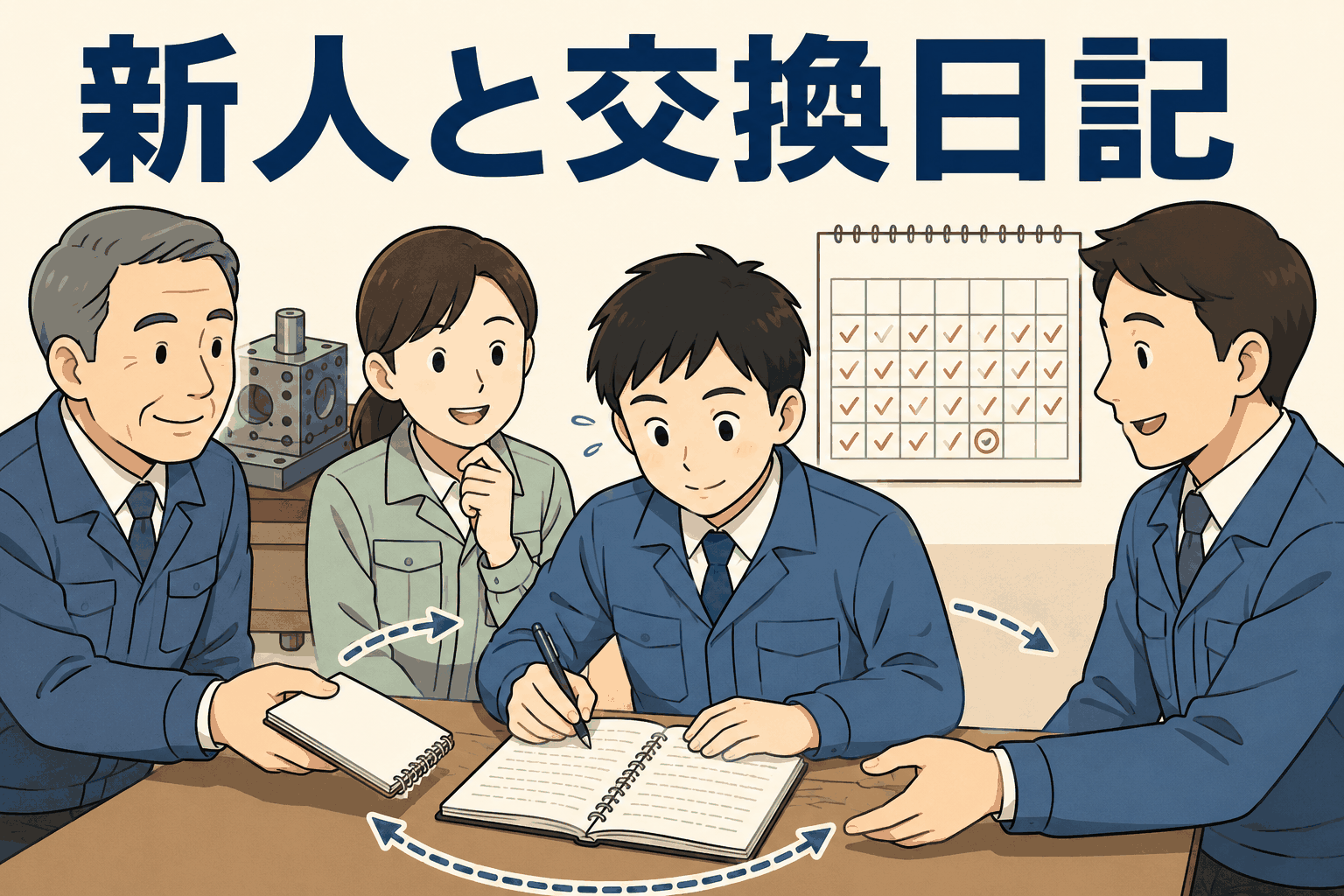 新人社員が社長・教育担当・リーダーと交換日記を通じて1か月の学びや成長を共有する様子