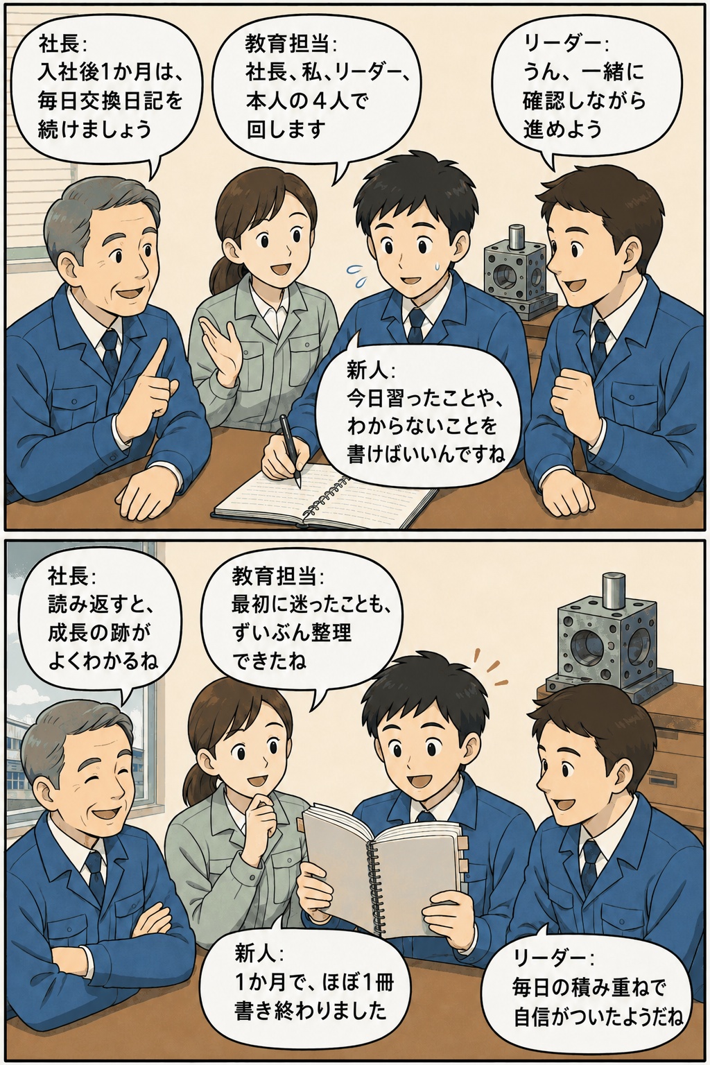 金型製作会社の新人社員が、社長・教育担当・リーダーと交換日記を回しながら1か月の学びや疑問を共有し成長を確認する漫画