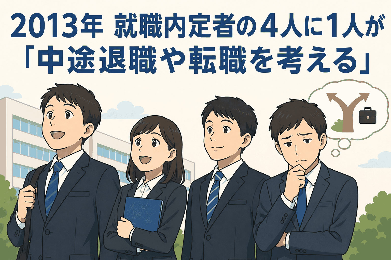 2013年の学生生活実態調査で、就職内定者の4人に1人が中途退職や転職を考えていることを示す就活生のイラスト