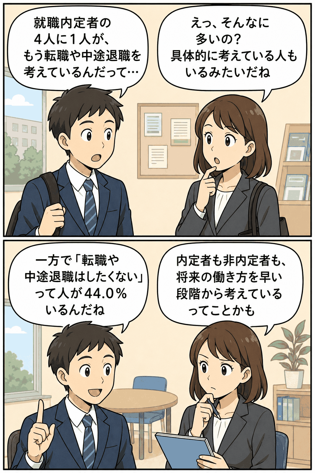 就職内定者の4人に1人が転職や中途退職を考えているという学生生活実態調査の結果を、就活生2人が会話する漫画イラスト