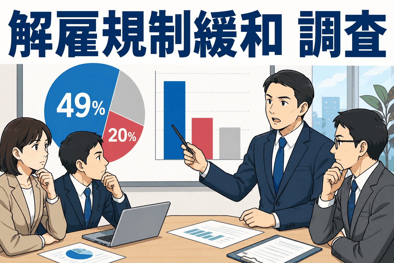 解雇規制緩和に関する日本生産性本部の調査結果を示す会議風景。上場企業の49％が正社員の解雇規制緩和に肯定的、20％が反対と回答。