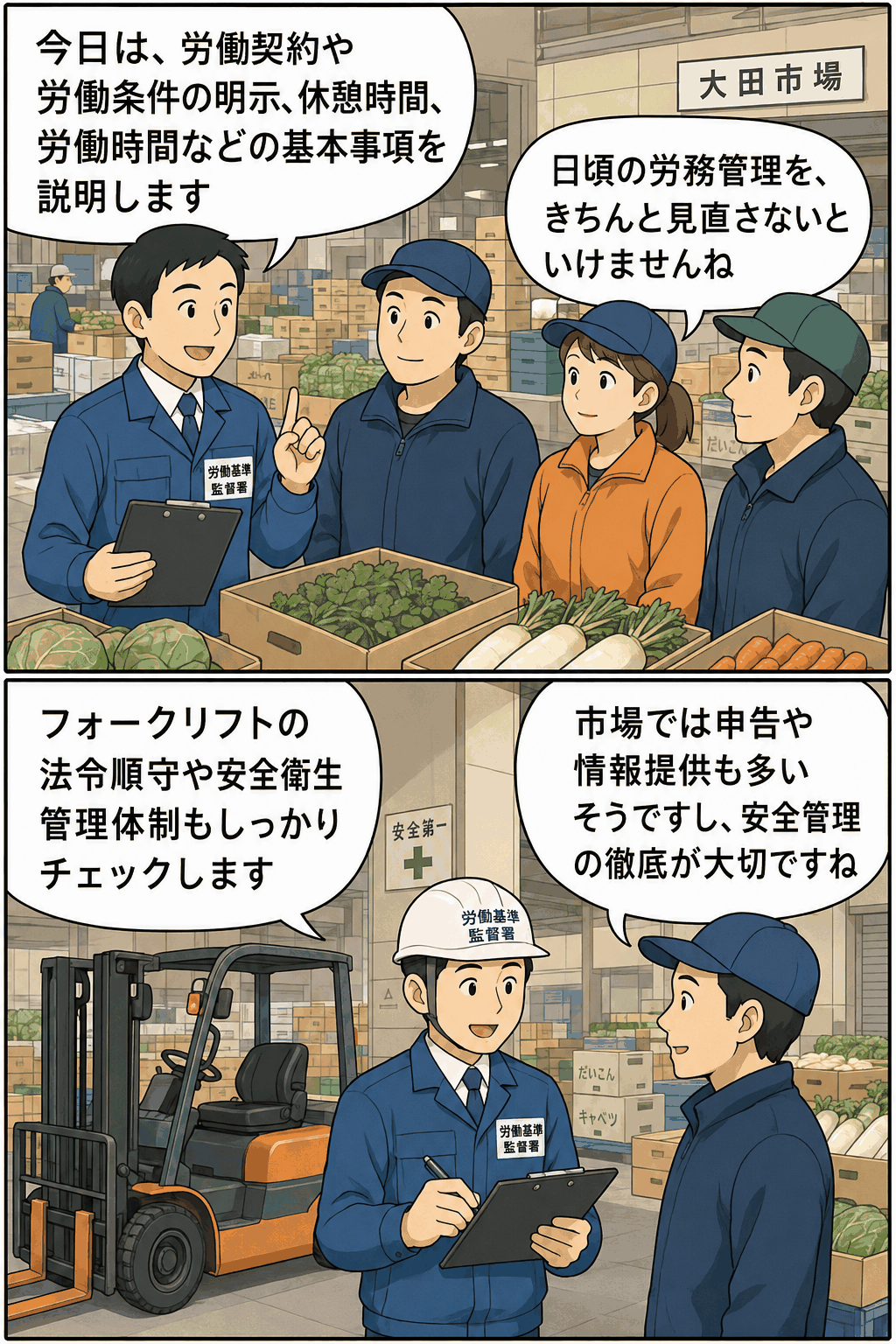 東京・大田労基署が大田市場の卸売・仲卸業者に労働条件明示や労働時間管理、フォークリフト安全点検を指導