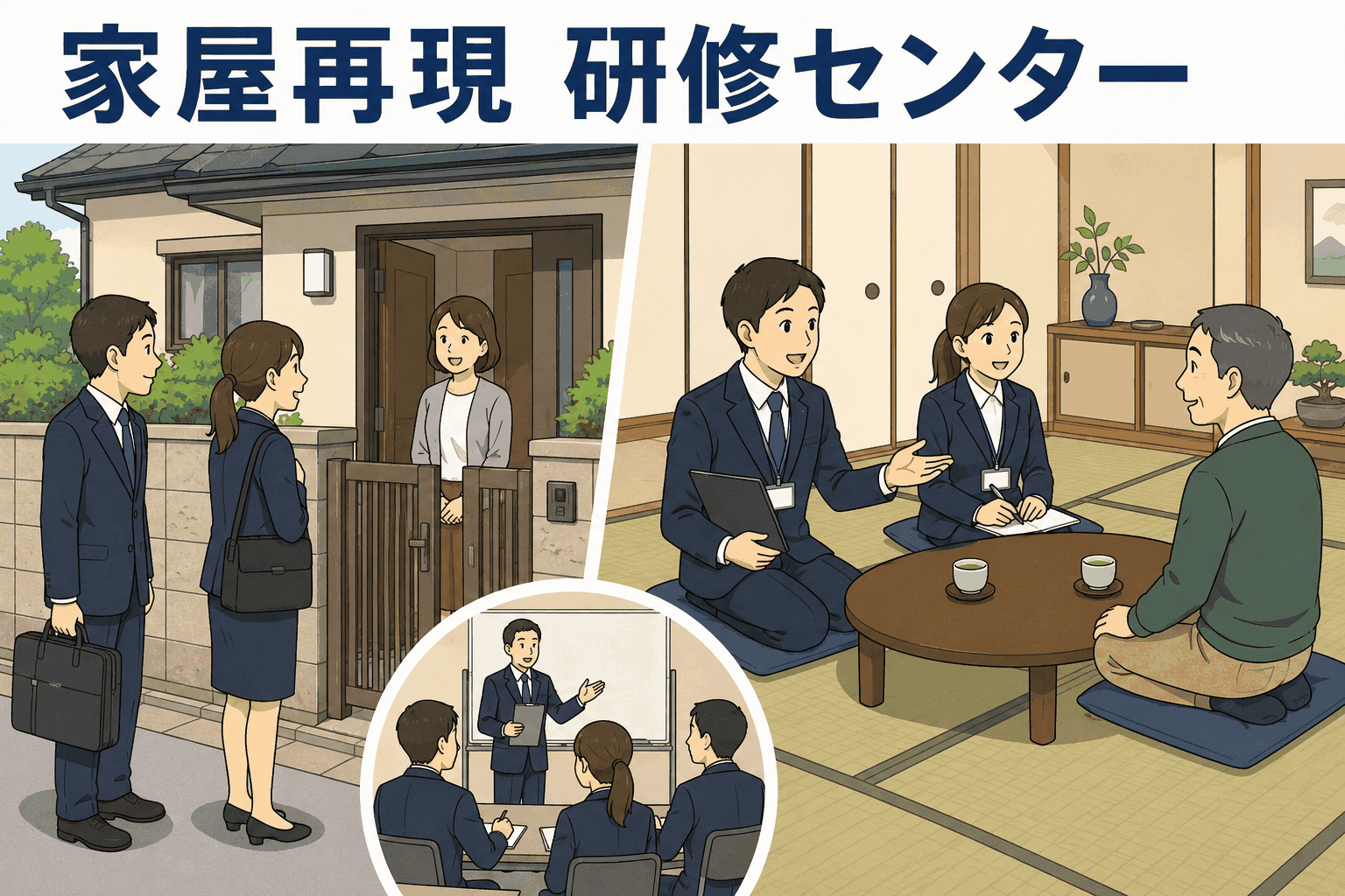 家屋を再現した研修センターで、賃貸住宅会社の社員が訪問営業の実践研修を受ける様子