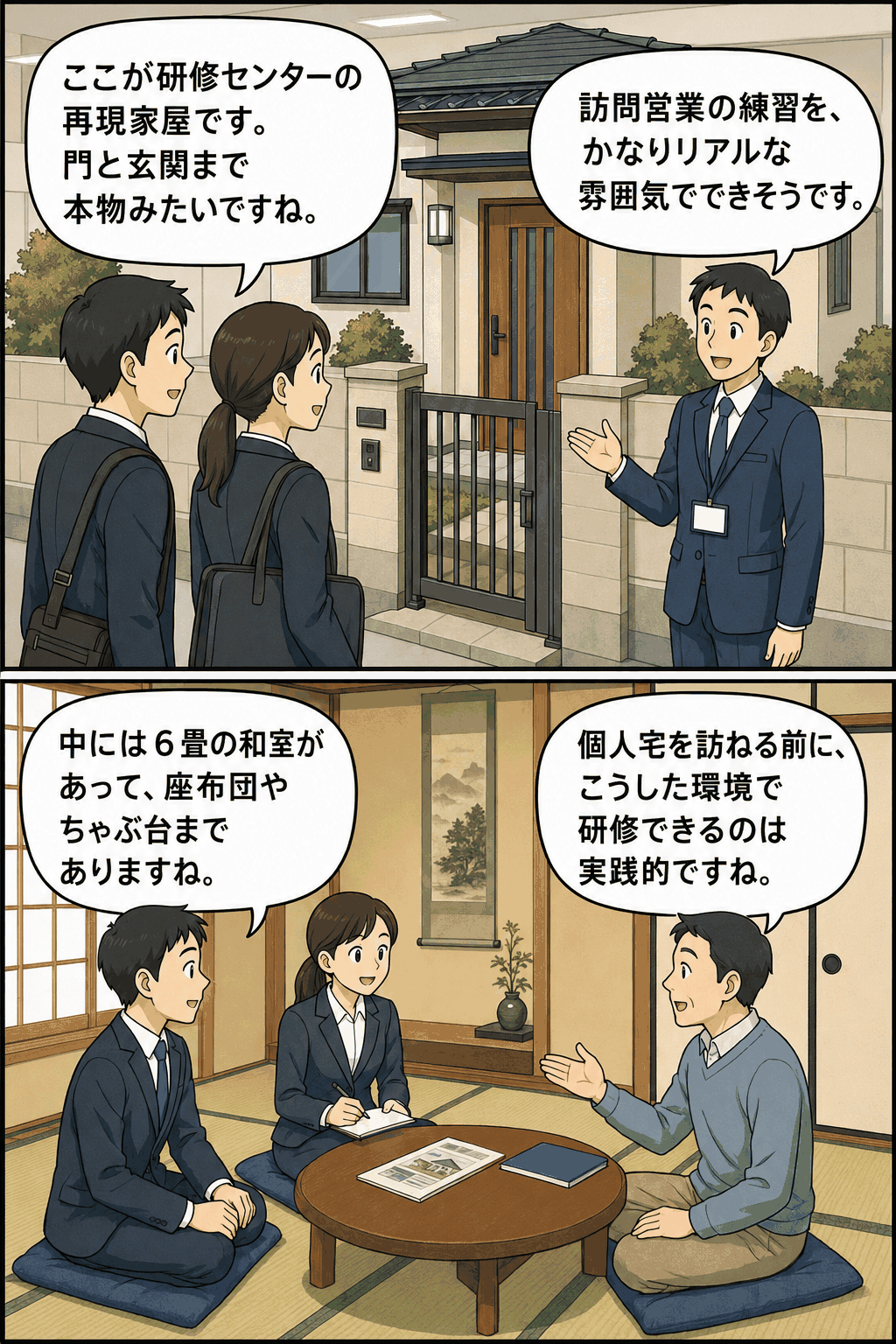 再現家屋を備えた研修センターで、社員が門・玄関・6畳和室を使って訪問営業の実践練習を行う様子