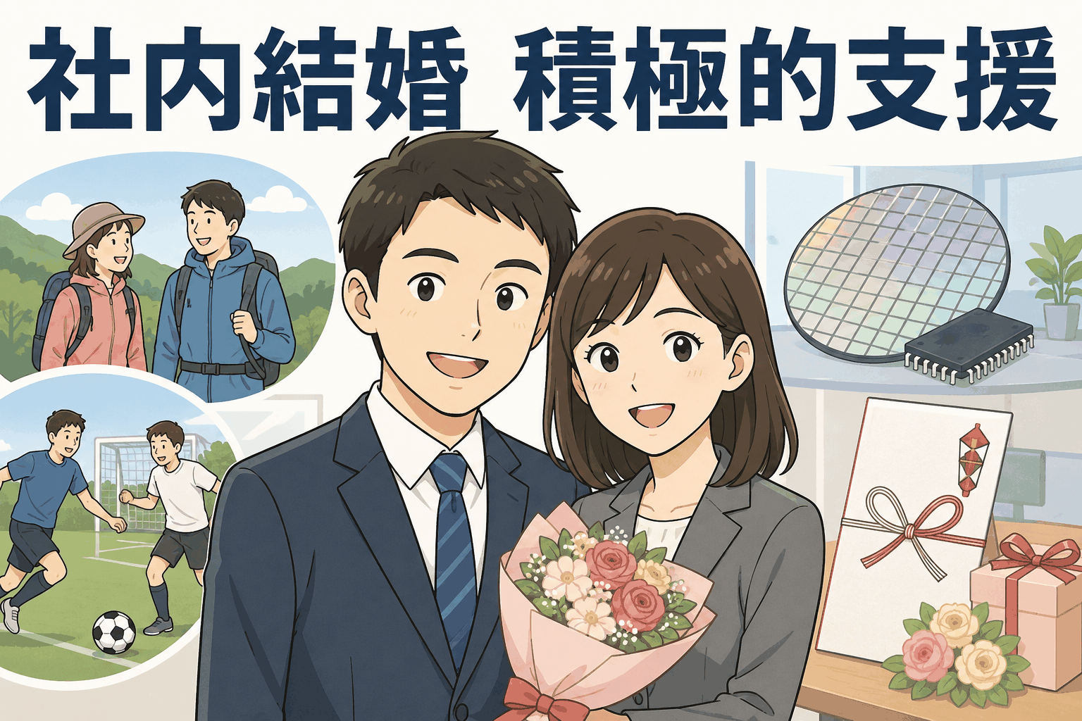 社内結婚を積極的に支援する半導体メーカーの社員カップルと、ハイキング・スポーツ大会・結婚祝い金制度を表したイラスト