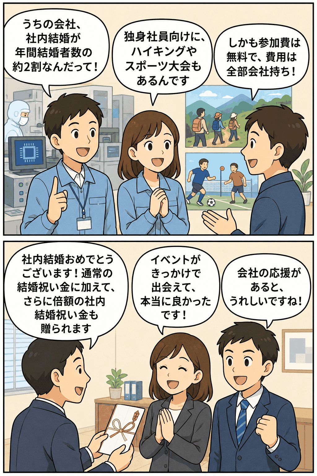 大手半導体メーカーが社内結婚を支援し、独身社員向けイベントや無料参加制度、社内結婚祝い金を紹介する漫画イラスト