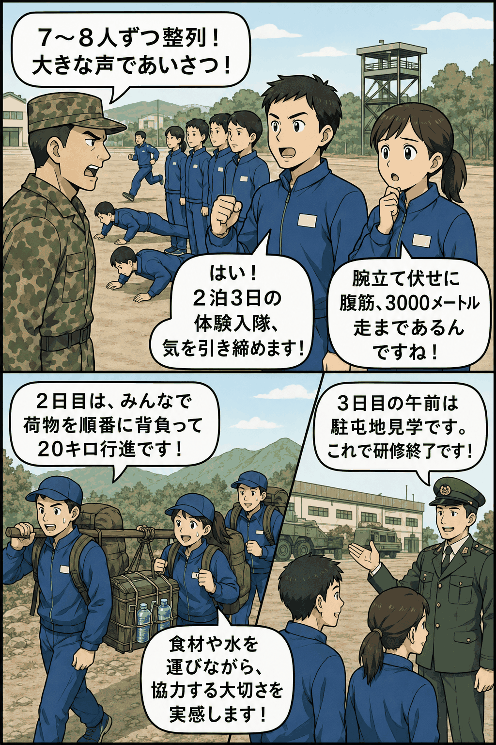 化学大手企業の新入社員が自衛隊体験入隊で整列訓練、あいさつ、体力トレーニング、20キロ行進、駐屯地見学に取り組む漫画風イラスト