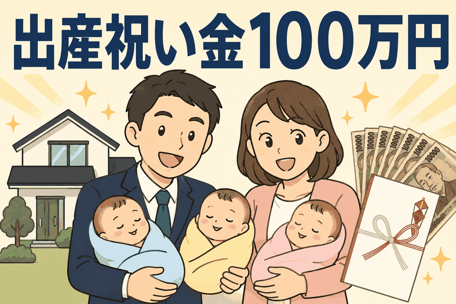 住宅メーカーが子供の誕生ごとに出産祝い金100万円を支給する次世代育成一時金制度と育児支援休暇を紹介するイラスト