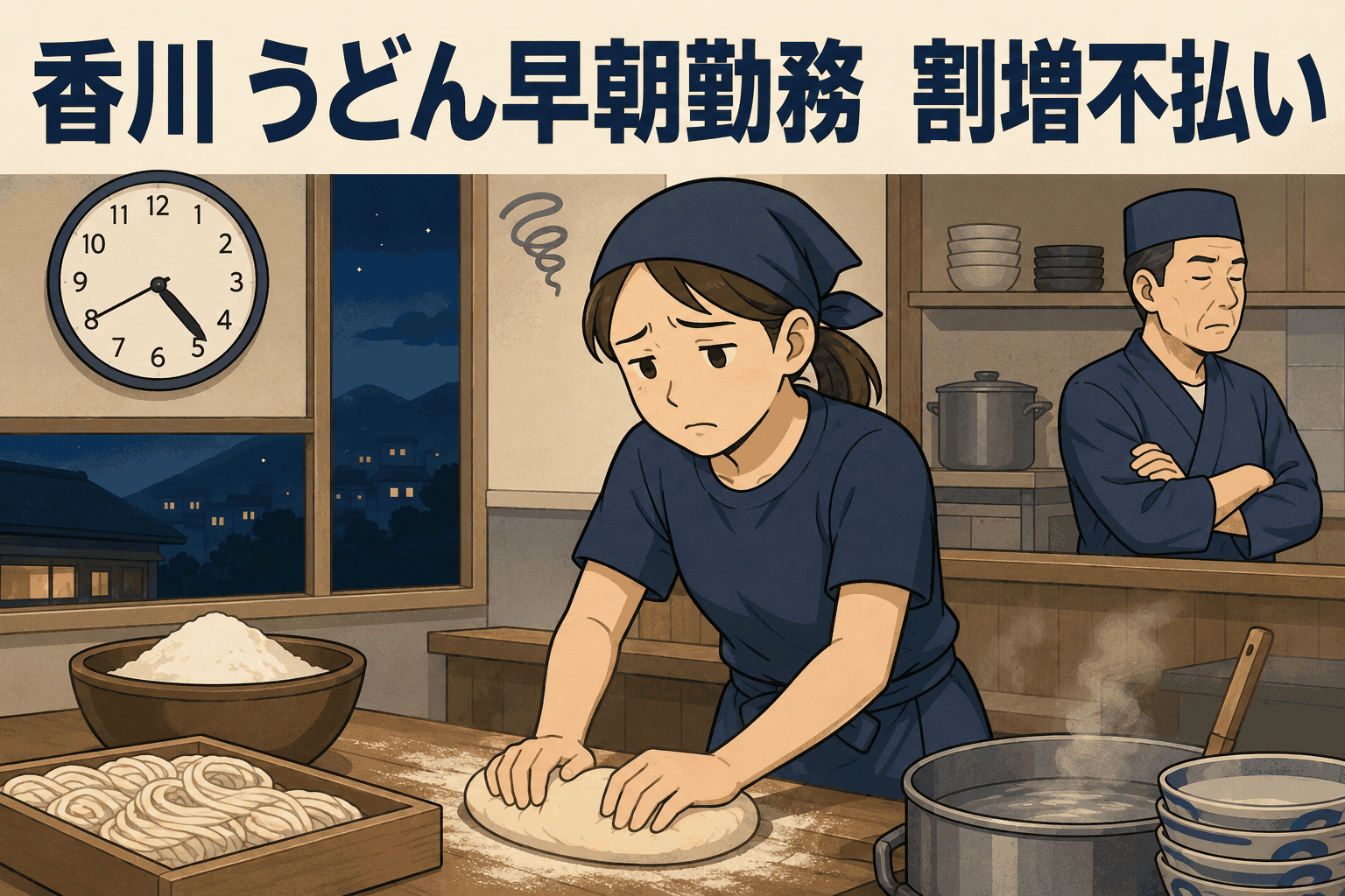 香川のうどん店で早朝勤務する従業員と、割増賃金不払いなど労働基準法違反を示すイラスト