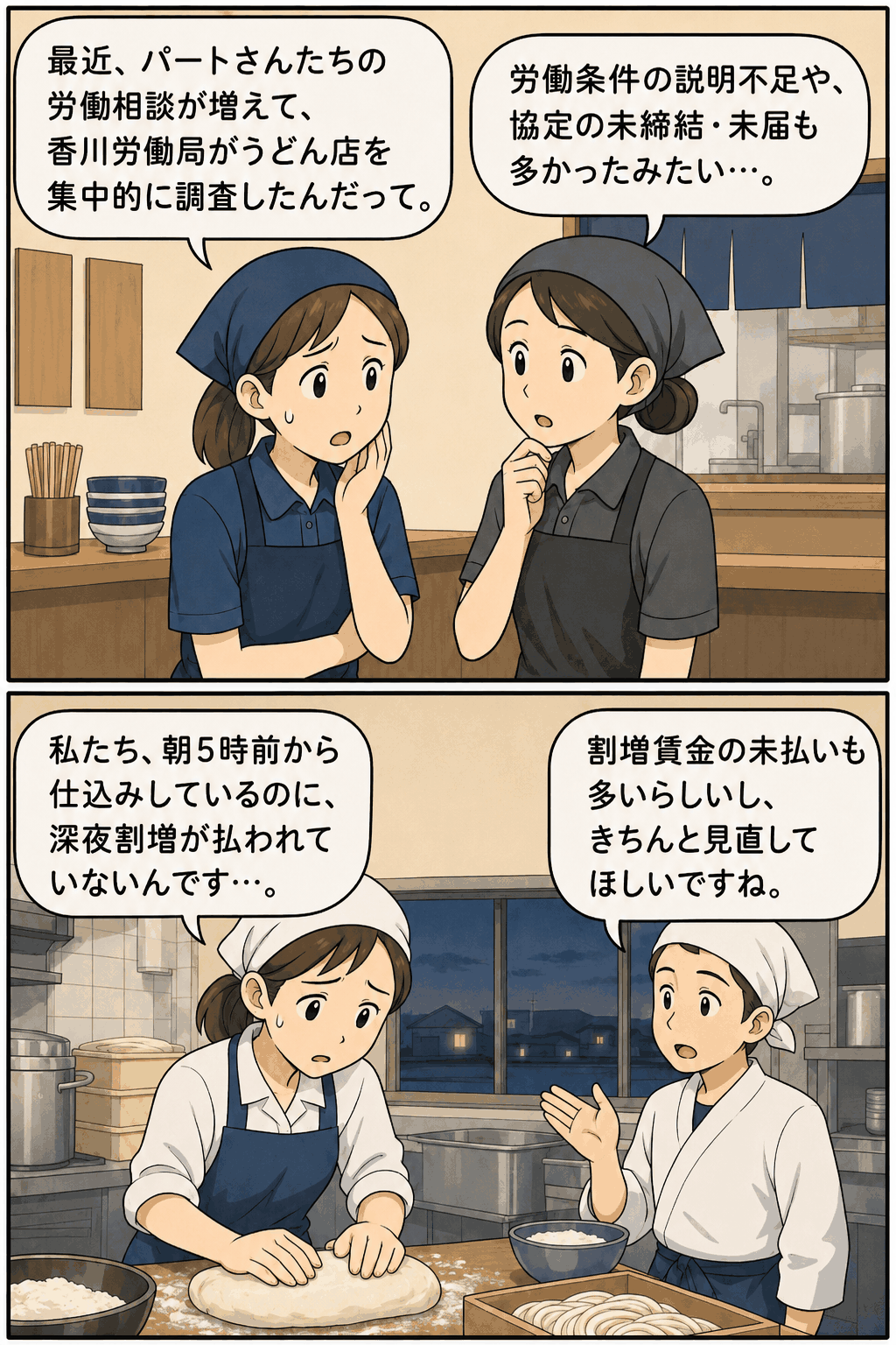 香川のうどん店で働くパート従業員が、労働条件の説明不足や深夜割増賃金未払いについて相談する漫画