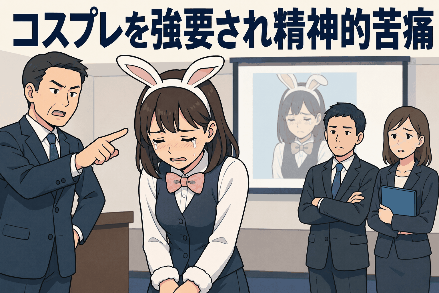 販売目標未達の罰としてコスプレを強要され、上司に叱責されながら精神的苦痛を受ける女性社員のイラスト