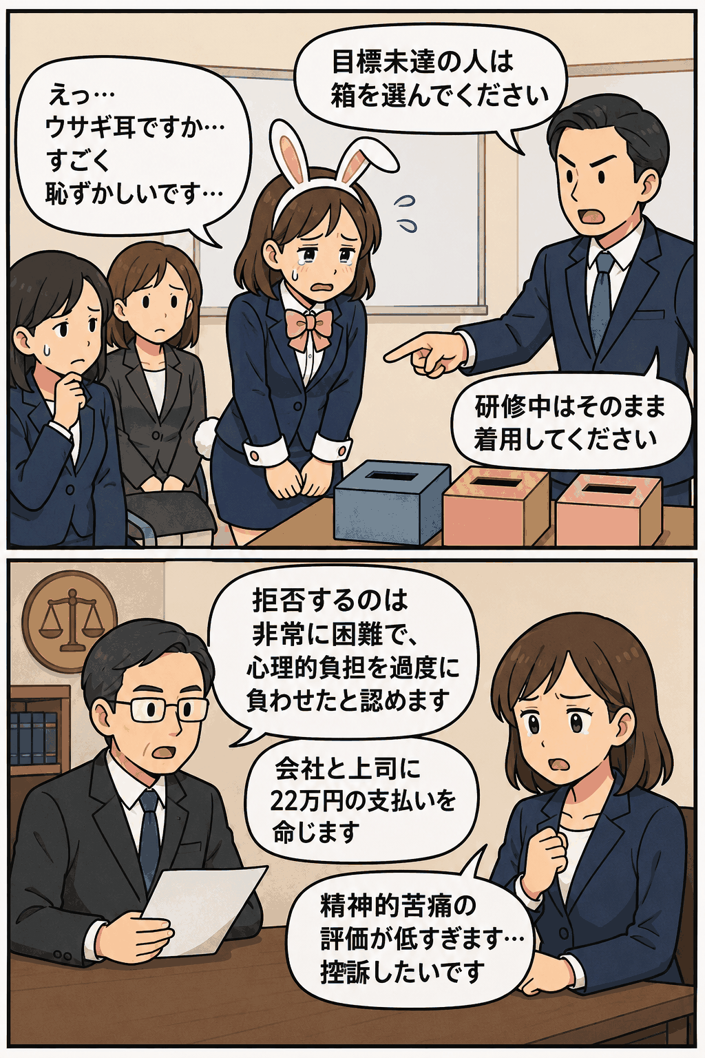 販売目標未達の罰としてウサギ耳のコスプレを強要され、研修会で心理的負担を受けた女性社員と、損害賠償を命じる裁判の様子を描いた漫画