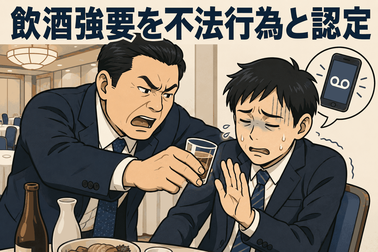飲酒強要を不法行為と認定した東京高裁判決を解説するイラスト。宴会場で上司が部下に酒を強要し、部下が拒否して困惑している様子。