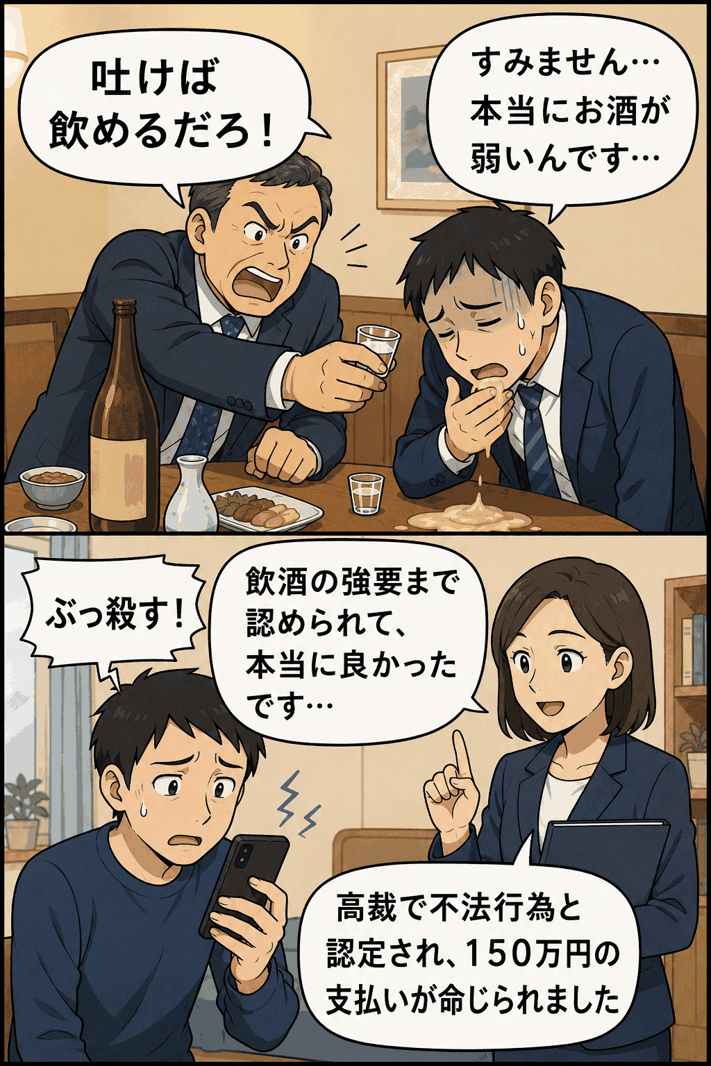 上司による飲酒強要と暴言がパワハラ・不法行為と認定された東京高裁判決を解説する漫画。酒に弱い部下が宴会で飲酒を強要され、退職後に判決内容を知る場面。