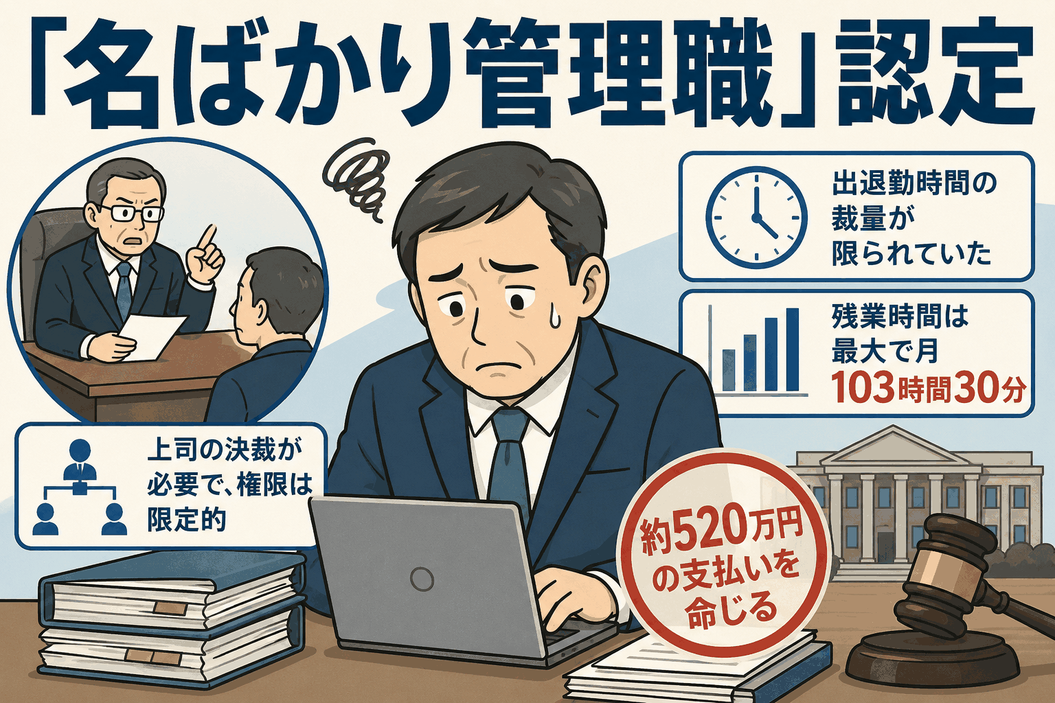 名ばかり管理職として残業代未払いを訴えた大学元財務課長の裁判をイメージした資料と法廷の画像