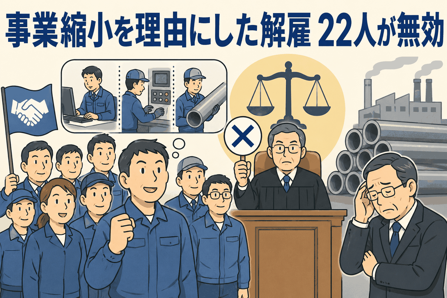 事業縮小を理由にした解雇22人が無効と判断され、名ばかり管理職の未払い残業代請求で大学側に支払い命令が出た労働裁判の解説イメージ