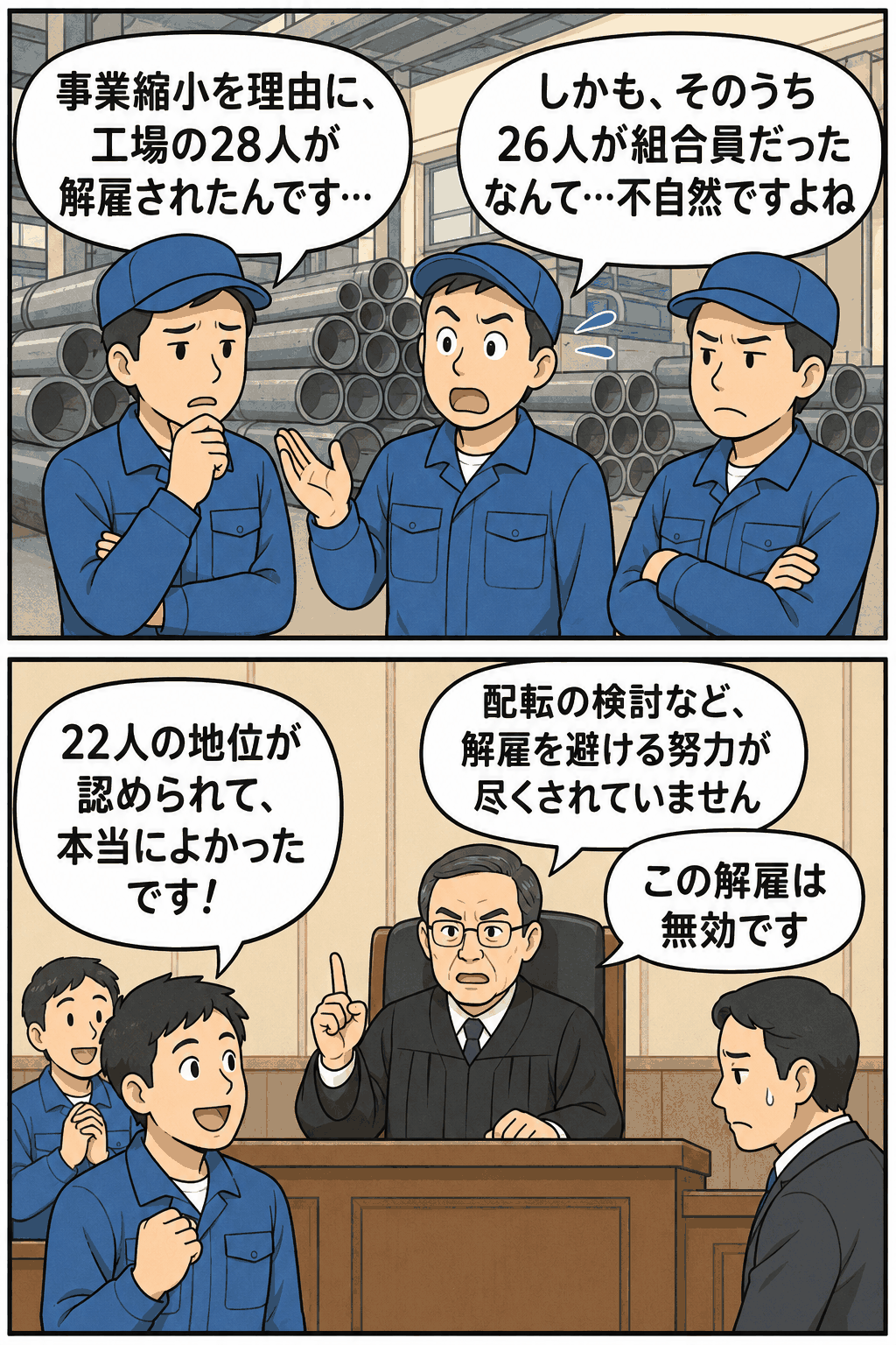 事業縮小を理由に工場の28人が解雇され、そのうち26人が組合員だったことを受け、裁判所が22人の地位を認め解雇無効と判断した労働裁判の解説漫画