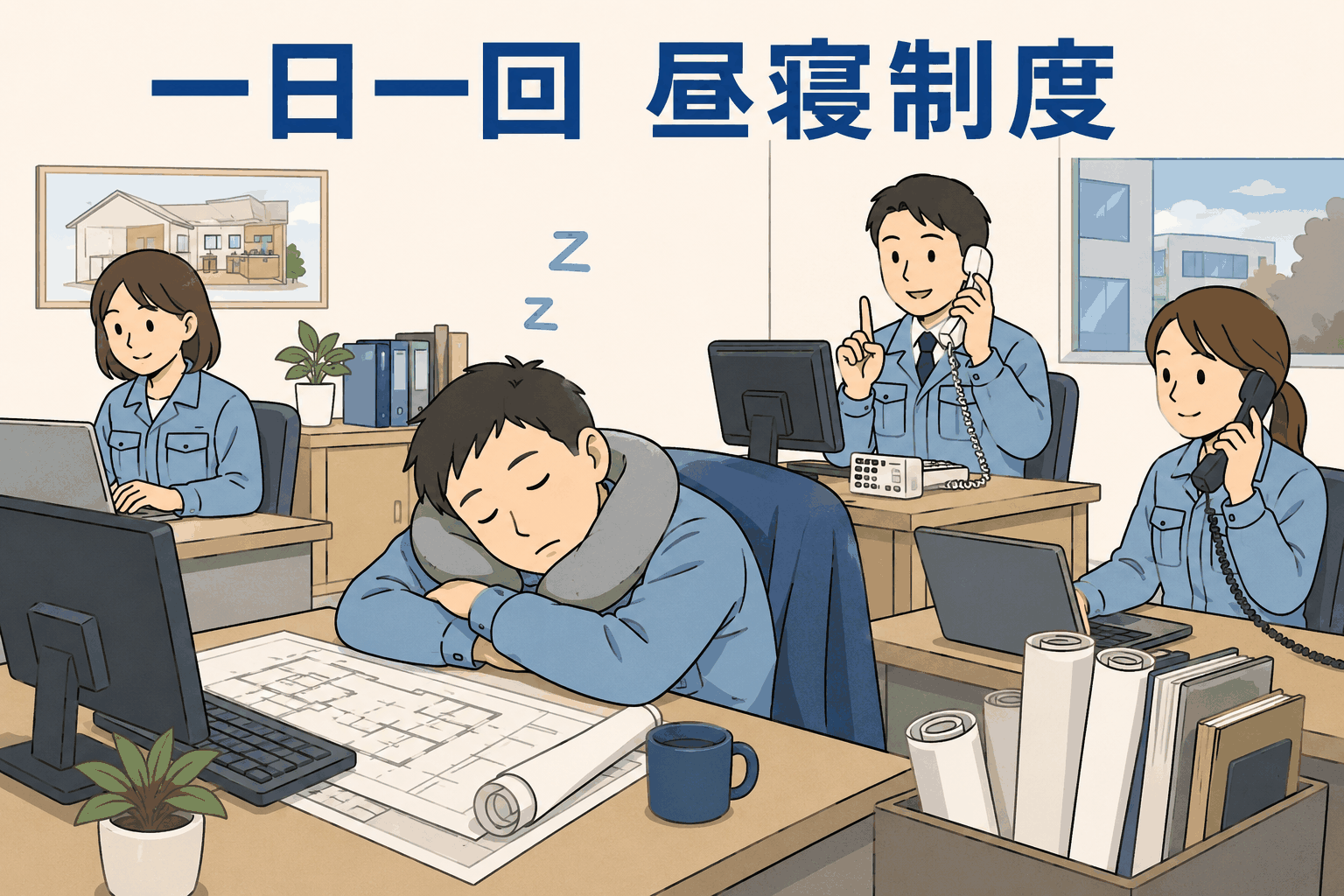 住宅リフォーム会社のオフィスで、社員がパワー・ナップ制度を利用して15〜20分の仮眠をとり、周囲の社員が電話対応や業務を行っているイラスト