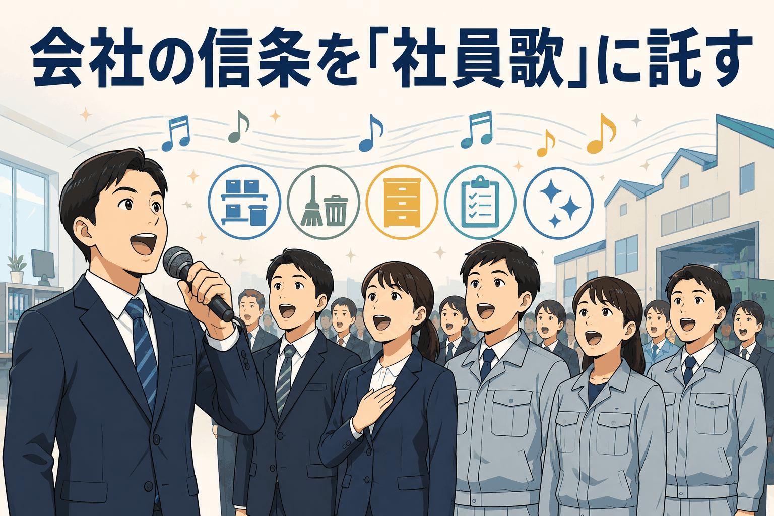 半導体製造装置メーカーの社員たちが、始業前に流れる「5Sの歌」を歌う様子を描いたアイキャッチ画像