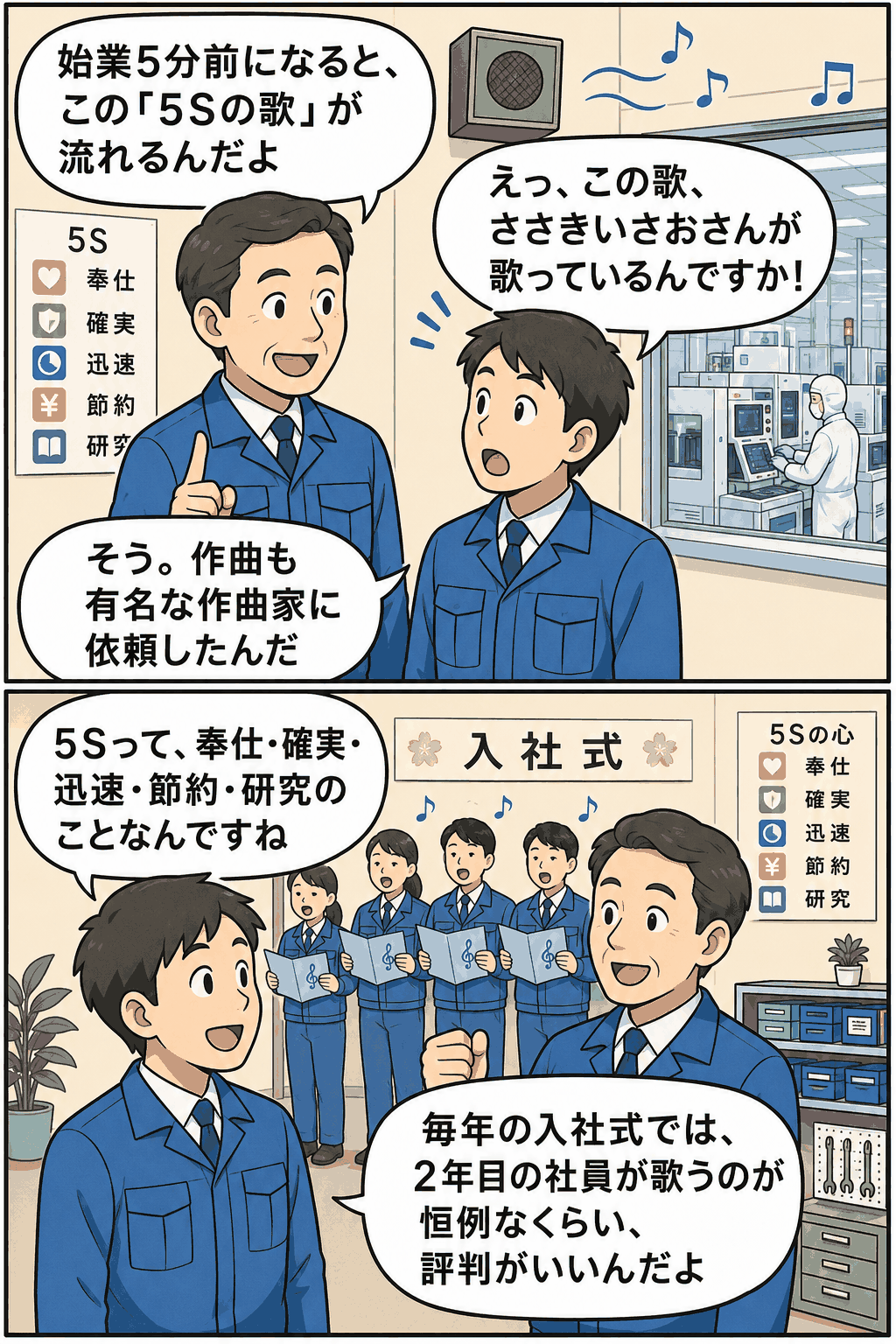 半導体製造装置メーカーで、始業5分前に流れる「5Sの歌」や入社式での社員歌の恒例行事を漫画形式で説明する画像