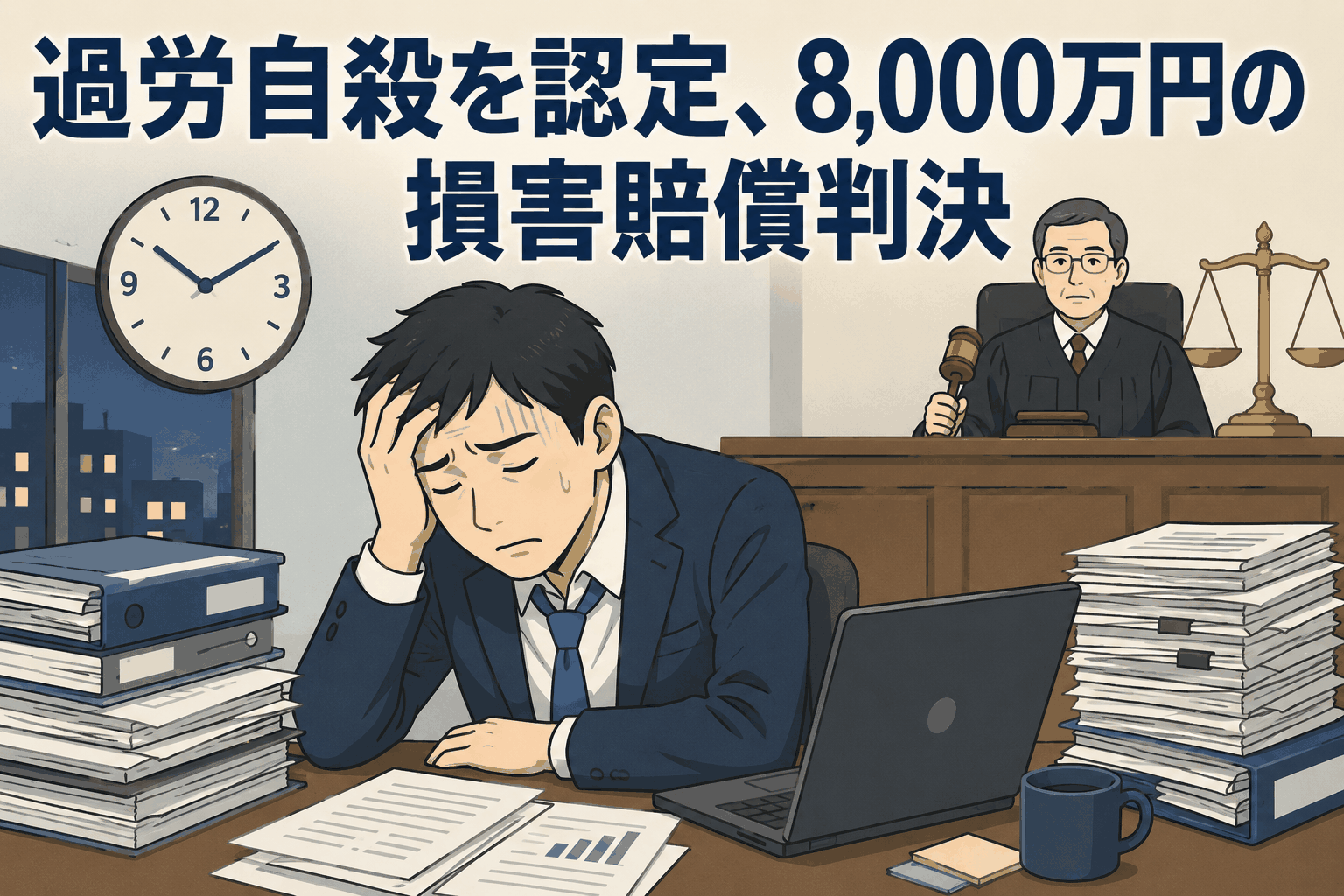 過労自殺をめぐる損害賠償判決で、金融機関の男性社員のうつ病発症と業務との因果関係が認められ、裁判所が約8,900万円の支払いを命じた事例