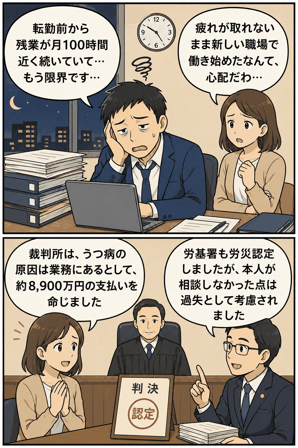 金融機関勤務の男性が月100時間近い残業と転勤後の過重労働によりうつ病を発症し自殺した事案で、裁判所が業務との因果関係を認め、約8,900万円の損害賠償を命じた解説漫画